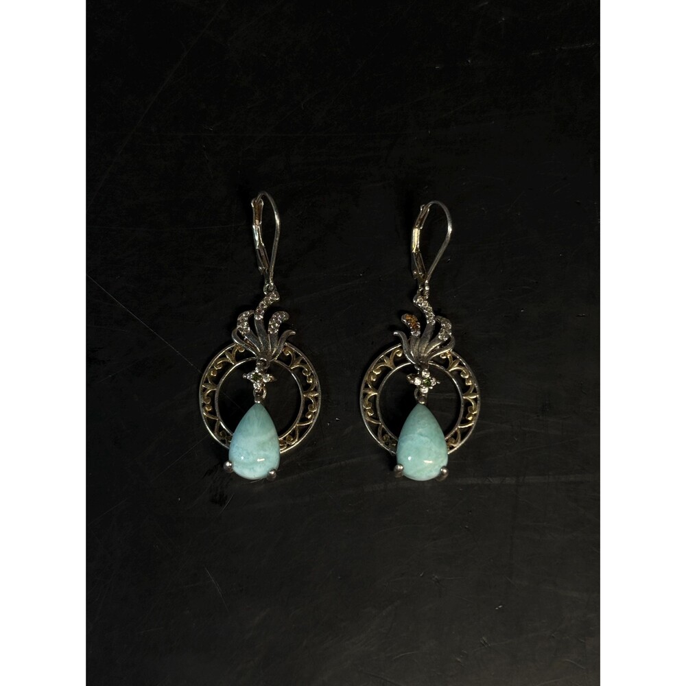 Larimar Peridot Sterling Silver Filigree Dangle Earrings